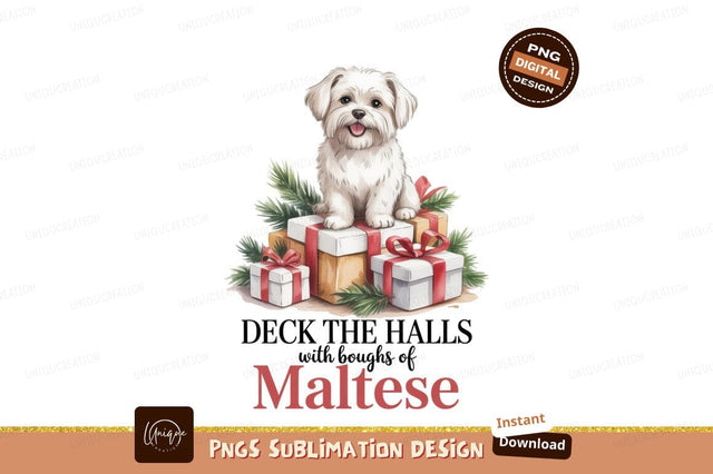 White Maltese dog with gifts and festive foliage puppy Sublimation Designangry 