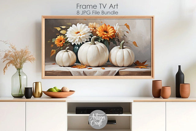 White pumpkin, fall Frame TV art, floral frame TV art, thanksgiving decorations Digital Pattern Artisan Craft SVG 