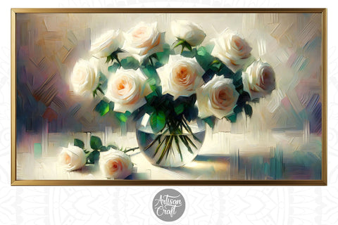 White rose Frame TV art, white flowers TV art, vase roses décor Digital Pattern Artisan Craft SVG 