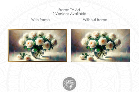 White rose Frame TV art, white flowers TV art, vase roses décor Digital Pattern Artisan Craft SVG 