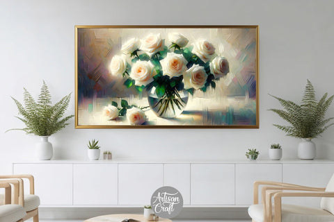White rose Frame TV art, white flowers TV art, vase roses décor Digital Pattern Artisan Craft SVG 