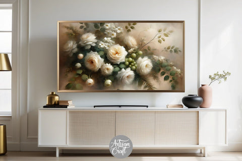 White roses Frame TV art, white rose oil painting Digital Pattern Artisan Craft SVG 