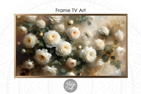 White roses Frame TV art, white rose oil painting Digital Pattern Artisan Craft SVG 