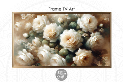 White roses Frame TV art, white rose oil painting Digital Pattern Artisan Craft SVG 
