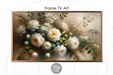 White roses Frame TV art, white rose oil painting Digital Pattern Artisan Craft SVG 
