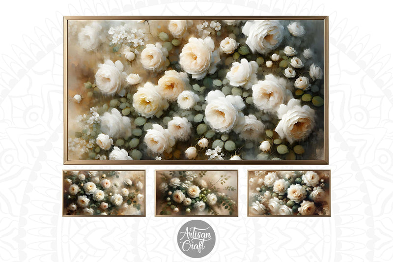White roses Frame TV art, white rose oil painting Digital Pattern Artisan Craft SVG 