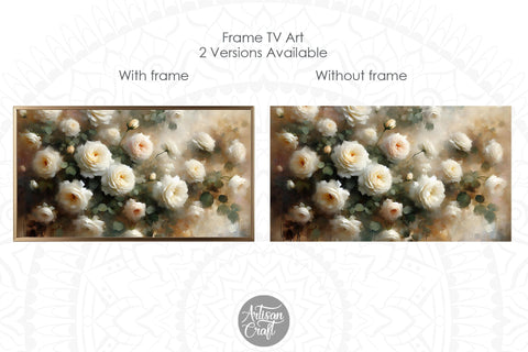 White roses Frame TV art, white rose oil painting Digital Pattern Artisan Craft SVG 