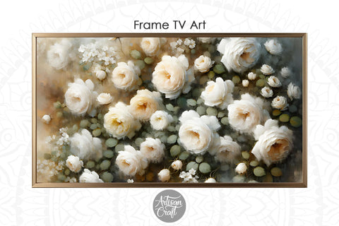 White roses Frame TV art, white rose oil painting Digital Pattern Artisan Craft SVG 