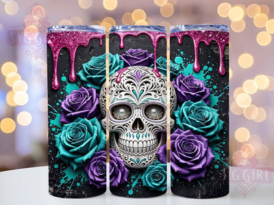 White Skull Rose Slime Glow 20oz Tumbler, Skull Motif, Rose Accent, Slime Theme, Glow Art Design, Gothic Flair, Sublimation Wrap, 20oz Tumbler Sublimation SvggirlplusArt 