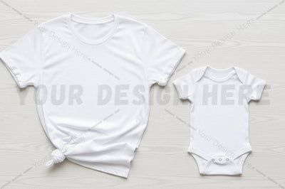 White t-shirt and baby onesie set Mock Up Photo Regulrcrative 
