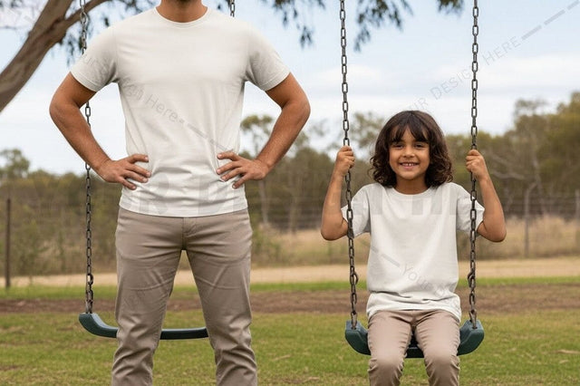 White t-shirt mockup design with family swinging Mock Up Photo Regulrcrative 