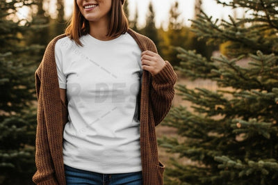 White t-shirt with brown cardigan outdoor design Mock Up Photo Designangry 