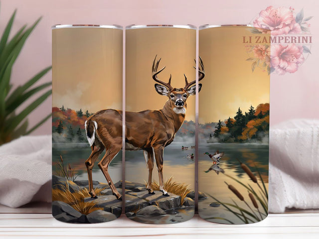 White Tailed Buck Sunrise 20oz Tumbler, Rocky Lakeshore, Golden Sunrise, Antler Silhouette, Wildlife Scene, Skinny Tumbler, Sublimation PNG Sublimation Li Zamperini 