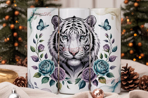 White Tiger & Blue Floral 20oz Tumbler Sublimation DesignSVG 