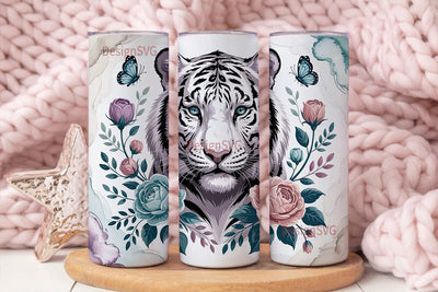 White Tiger & Blue Floral 20oz Tumbler Sublimation DesignSVG 