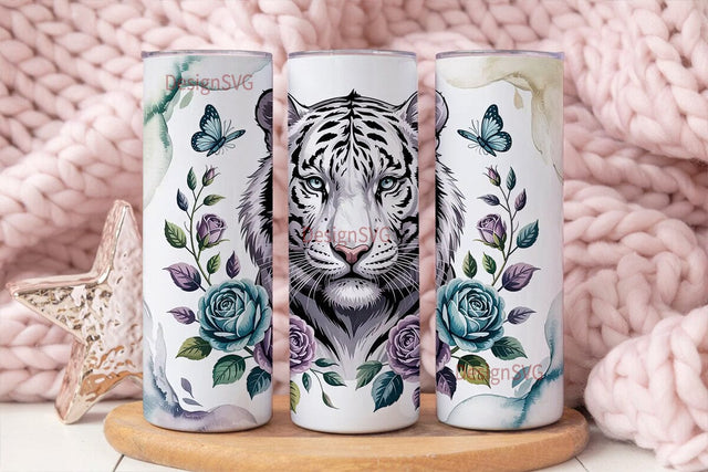 White Tiger & Blue Floral 20oz Tumbler Sublimation DesignSVG 