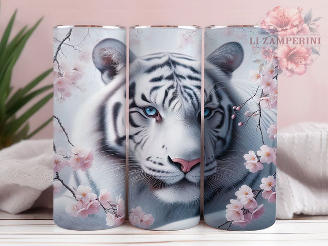 White Tiger Cherry Blossom Tumbler, Tiger And Cherry Blossom, Sakura Tiger Design, Elegant Tiger Print, Asian Floral Tiger, 20oz Tumbler, Sublimation Design Sublimation Li Zamperini 