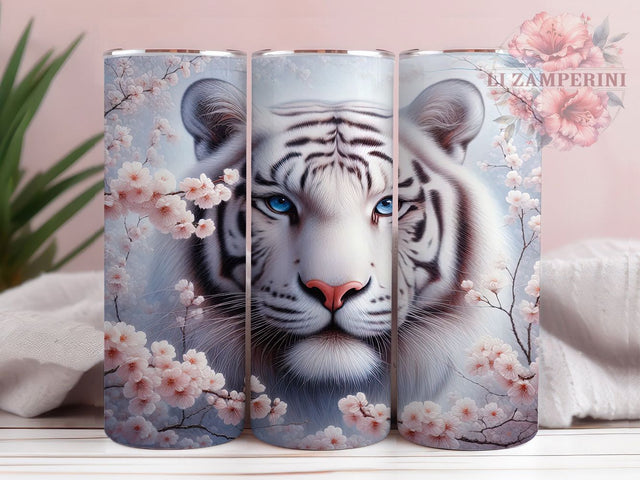 White Tiger Cherry Blossom Tumbler, Tiger And Cherry Blossom, Sakura Tiger Design, Elegant Tiger Print, Asian Floral Tiger, 20oz Tumbler, Sublimation Design Sublimation Li Zamperini 