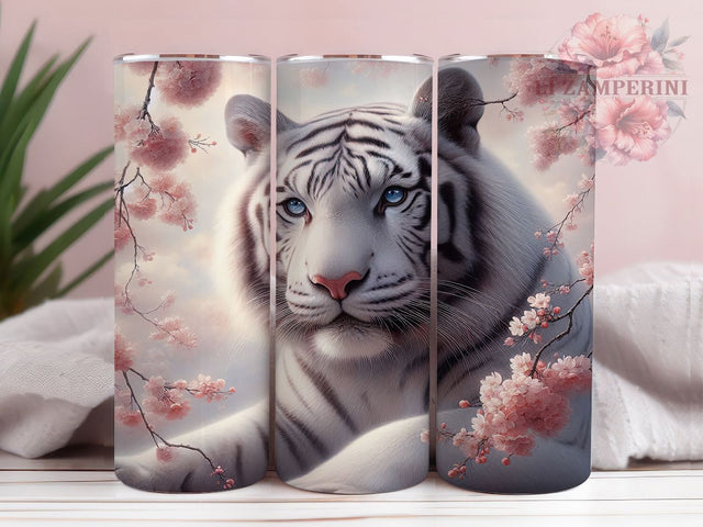 White Tiger Cherry Blossom Tumbler, Tiger And Cherry Blossom, Sakura Tiger Design, Elegant Tiger Print, Asian Floral Tiger, 20oz Tumbler, Sublimation Design Sublimation Li Zamperini 