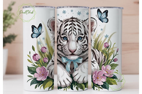 White Tiger Cub Floral 20oz Tumbler Wrap Sublimation PixelChick 