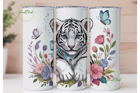 White Tiger Cub Floral 20oz Tumbler Wrap Sublimation PixelChick 