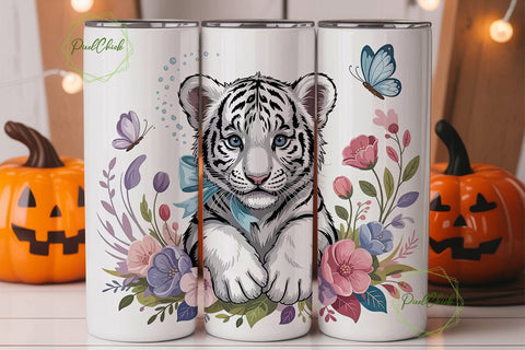 White Tiger Cub Floral 20oz Tumbler Wrap Sublimation PixelChick 