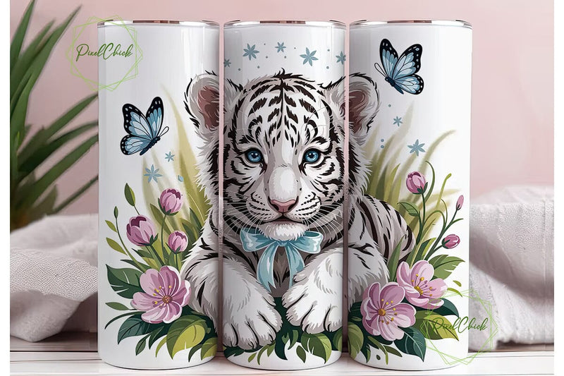White Tiger Cub Floral 20oz Tumbler Wrap Sublimation PixelChick 