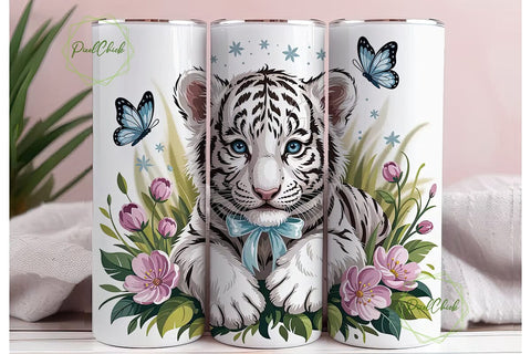 White Tiger Cub Floral 20oz Tumbler Wrap Sublimation PixelChick 