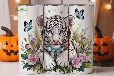 White Tiger Cub Floral 20oz Tumbler Wrap Sublimation PixelChick 