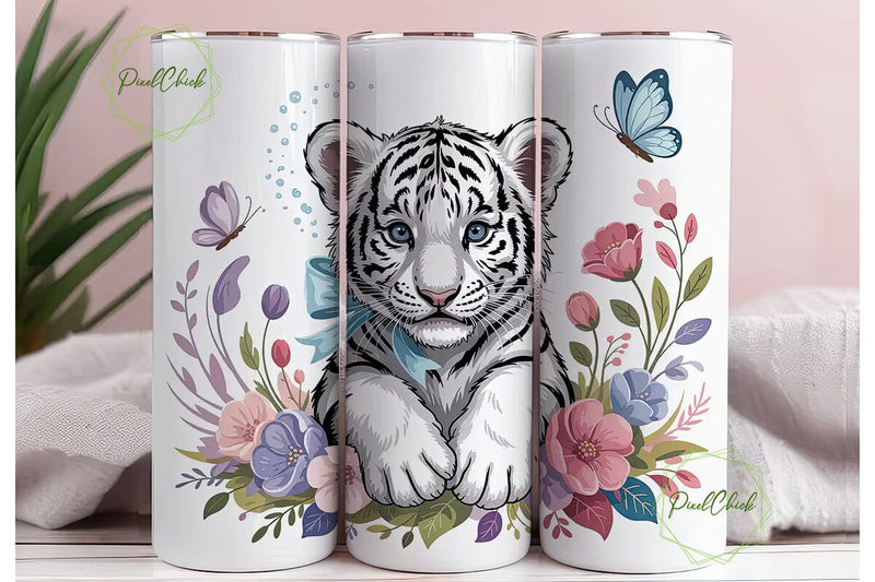 White Tiger Cub Floral 20oz Tumbler Wrap Sublimation PixelChick 