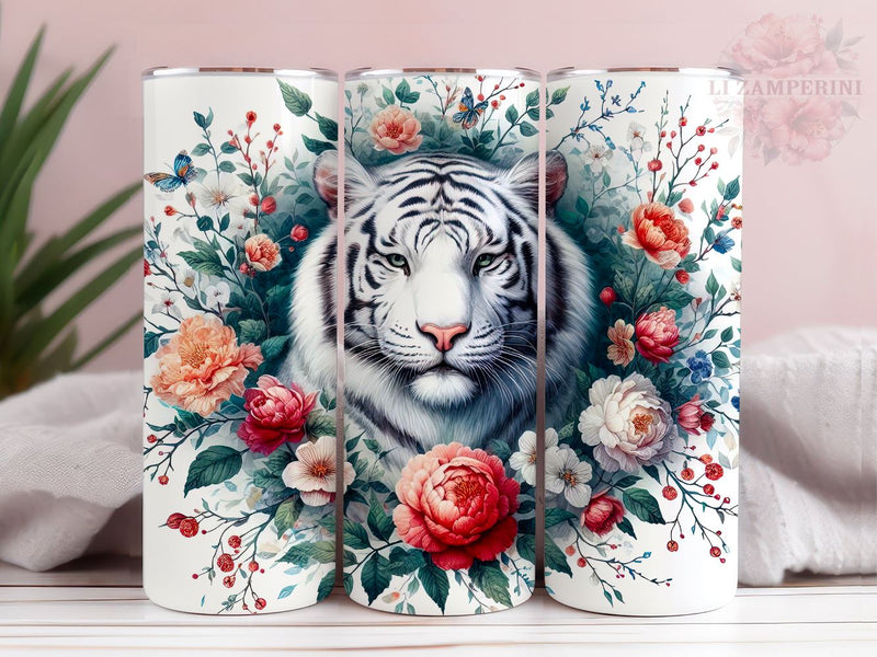 White Tiger Floral 20oz Tumbler Wrap PNG, Straight & Tapered Tumbler Wrap, White Tiger Tumbler Png, Instant Digital Download Sublimation Li Zamperini 