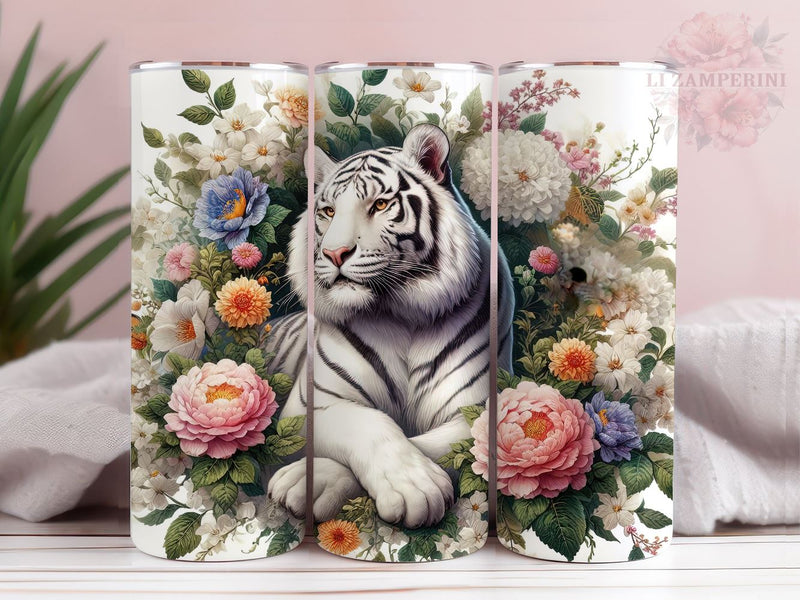White Tiger Floral 20oz Tumbler Wrap PNG, Straight & Tapered Tumbler Wrap, White Tiger Tumbler Png, Instant Digital Download Sublimation Li Zamperini 