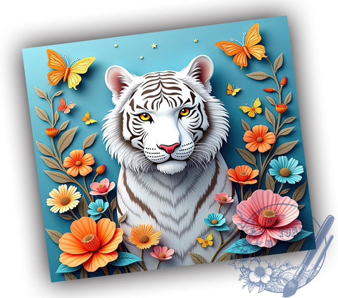 White Tiger Floral 3D Animal Lover Tumbler Wrap, 20oz Tumbler, Sublimation Drinkware, Animal Lover Gift, Wildlife Decor, Custom 3D Tumbler Sublimation ToriDesigns 