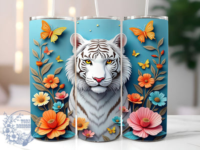 White Tiger Floral 3D Animal Lover Tumbler Wrap, 20oz Tumbler, Sublimation Drinkware, Animal Lover Gift, Wildlife Decor, Custom 3D Tumbler Sublimation ToriDesigns 