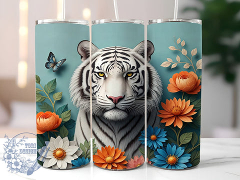 White Tiger Floral 3D Animal Lover Tumbler Wrap, 20oz Tumbler, Sublimation Drinkware, Animal Lover Gift, Wildlife Decor, Custom 3D Tumbler Sublimation ToriDesigns 