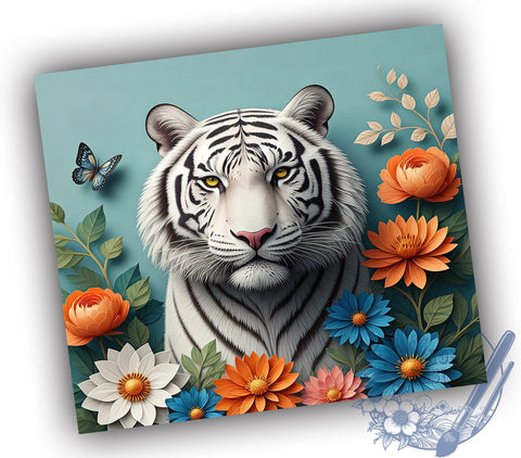 White Tiger Floral 3D Animal Lover Tumbler Wrap, 20oz Tumbler, Sublimation Drinkware, Animal Lover Gift, Wildlife Decor, Custom 3D Tumbler Sublimation ToriDesigns 