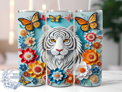 White Tiger Floral 3D Animal Lover Tumbler Wrap, 20oz Tumbler, Sublimation Drinkware, Animal Lover Gift, Wildlife Decor, Custom 3D Tumbler Sublimation ToriDesigns 