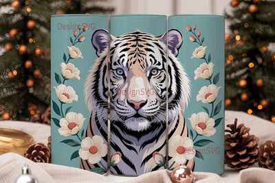 White Tiger & Flowers 20oz Tumbler Wrap Sublimation DesignSVG 