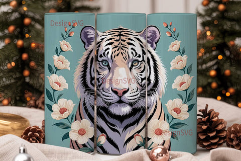 White Tiger & Flowers 20oz Tumbler Wrap Sublimation DesignSVG 