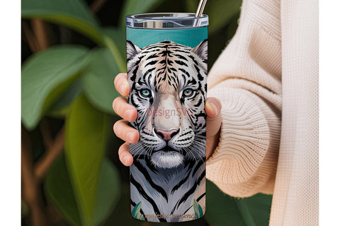 White Tiger & Flowers 20oz Tumbler Wrap Sublimation DesignSVG 