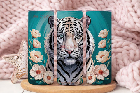 White Tiger & Flowers 20oz Tumbler Wrap Sublimation DesignSVG 