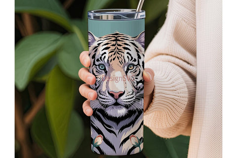 White Tiger & Flowers 20oz Tumbler Wrap Sublimation DesignSVG 