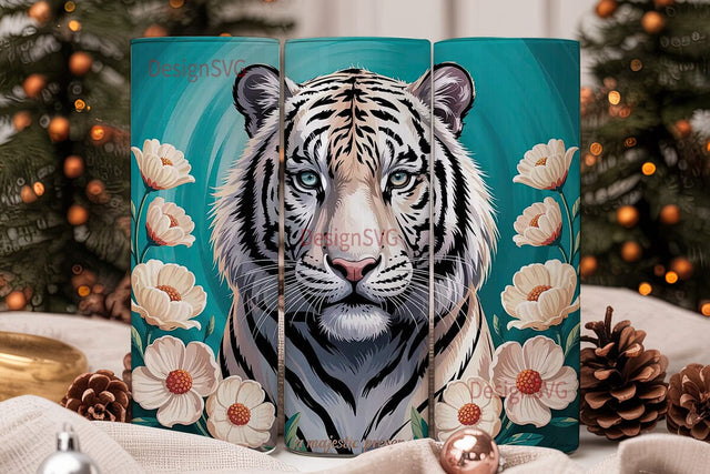 White Tiger & Flowers 20oz Tumbler Wrap Sublimation DesignSVG 