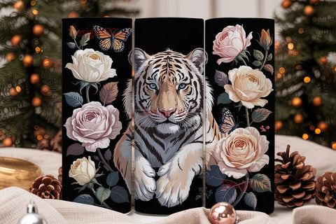 White Tiger & Roses 20oz Tumbler Wrap Sublimation DesignSVG 