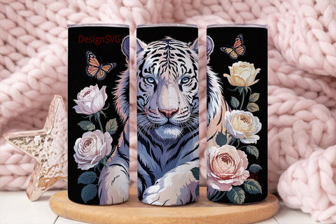 White Tiger & Roses 20oz Tumbler Wrap Sublimation DesignSVG 