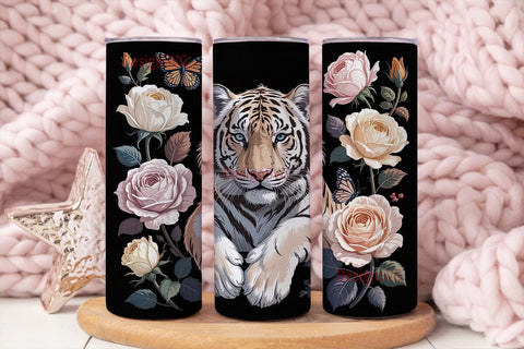White Tiger & Roses 20oz Tumbler Wrap Sublimation DesignSVG 