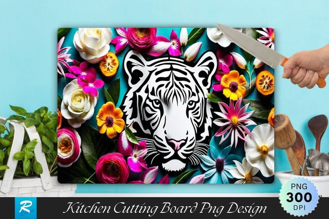 White Tiger With Floral Cutting Board Sublimation Regulrcrative 
