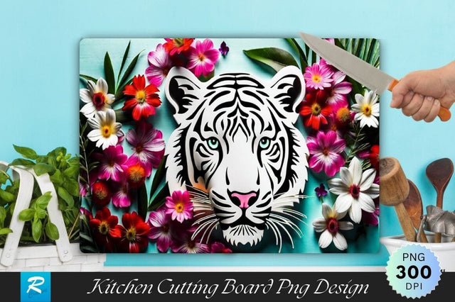 White Tiger With Floral Cutting Board Sublimation Regulrcrative 