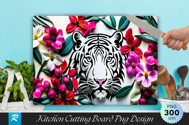 White Tiger With Floral Cutting Board Sublimation Regulrcrative 
