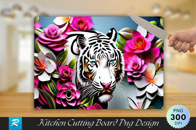 White Tiger With Floral Cutting Board Sublimation Regulrcrative 